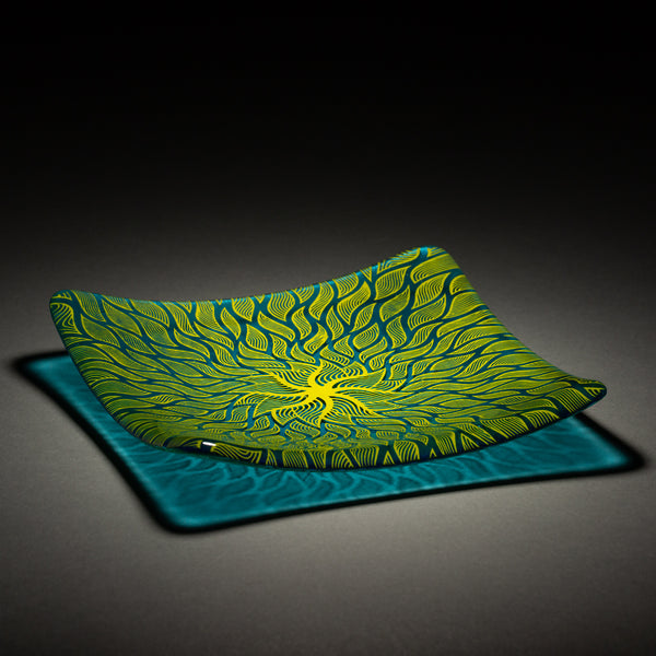 Sandcarved lime green and light turquoise glass sun swimmer plate.