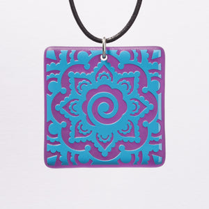 Sandcarved glass mehndi mandala pendant