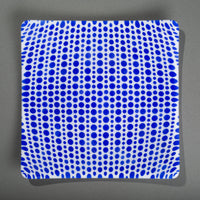 Sandcarved blue and white glass circle party plate.